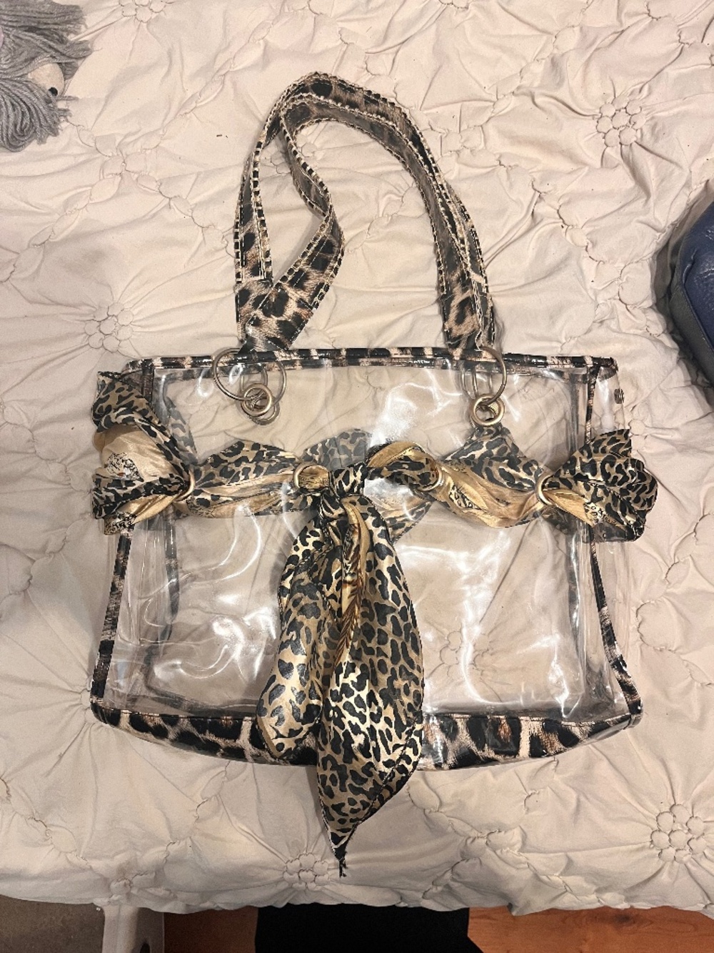 Femina clear bag with leopard/cheetah trim and scarf.